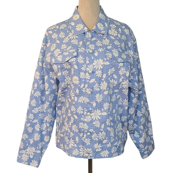 Juicy Couture Black Label Wmn M Blue/White Daisy/Pearl Button Preppy Jean Jacket - Picture 1 of 16